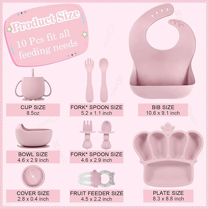 Silicone Baby Feeding Set 10 Pcs Baby Led Weaning Supplies Suction Bowl Divided Plate Baby Bibs Fruit feeder Pacifier Baby Spoons Forks Sippy Cup Utensil Sets Baby Essentials for Newborn Gift Pink