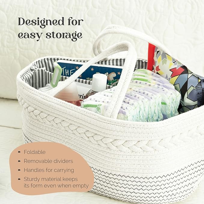 luxury little Diaper Caddy Organizer, Large Cotton Rope Nursery Baby Basket, Changing Table Organizer for Baby Diaper Storage, Portable Car Organizer with Removable Divider, Baby Shower Gifts - White