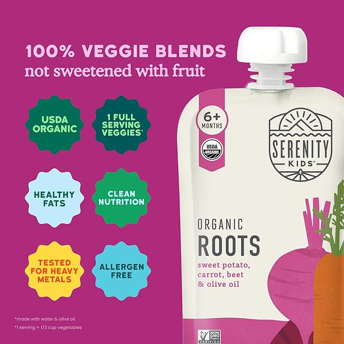 Serenity Kids 6+ Months Baby Food Pouches USDA Organic Veggie Puree - BPA-Free - No Added Sugar Allergen-Free - Savory Sweet Potato & Carrot, Beet Baby Snacks - 3.5 Oz, 6 Pack