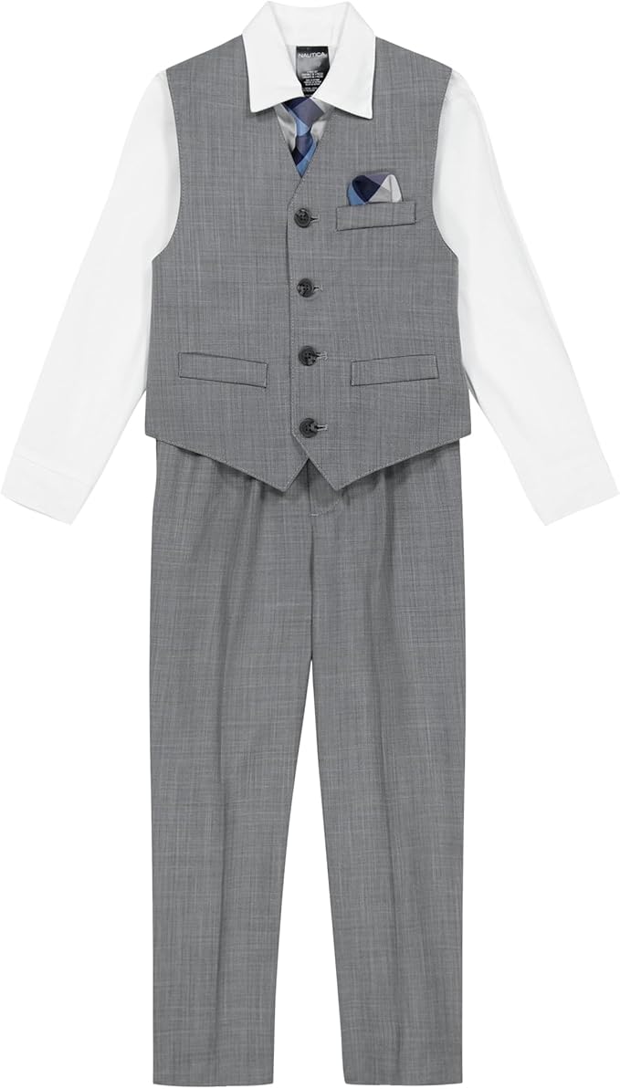 Nautica Boys' 4-Piece Formal Suit Set with Vest, Pants, Collared Dress Shirt, and Tie
