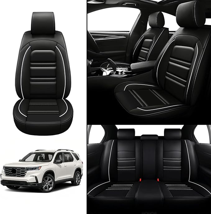 Seat Covers for Honda Pilot 2003-2025 | 5-Seats Leather Seat Covers, Easy to Install Automotive Seat Covers Full Set (Full Set, Black&White Line)