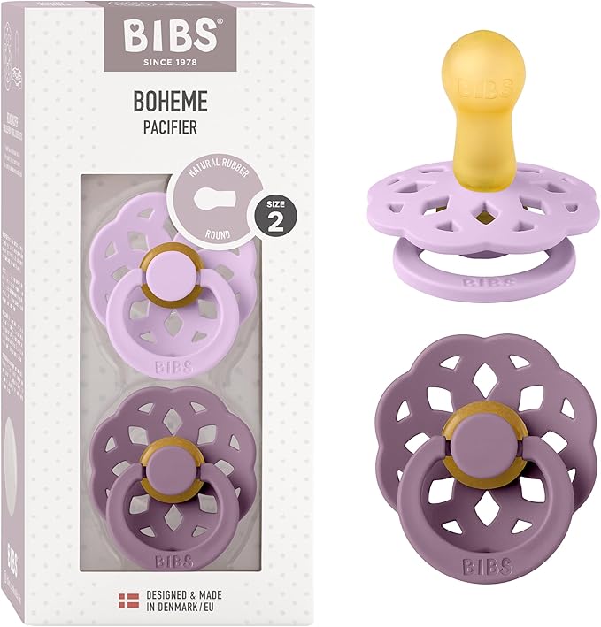 Bibs Pacifiers 6-18 Months | Boheme Collection 2-Pack | BPA-Free Round Nipple | Made in Denmark | Violet Sky/Mauve Color Pacifier