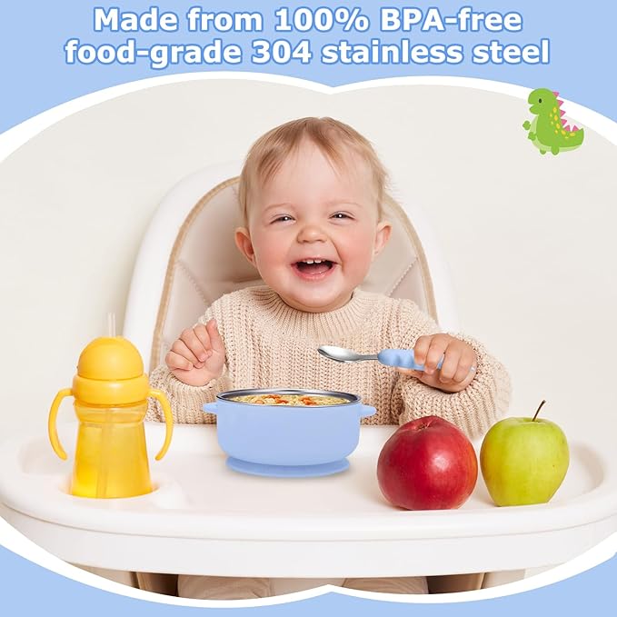 2 Pack Stainless Steel Baby Bowls with Removable Non-Slip Silicone Suction Shell and Lids, Anti Scald Food Container for Baby Food Feeding-Skyblue & Gray