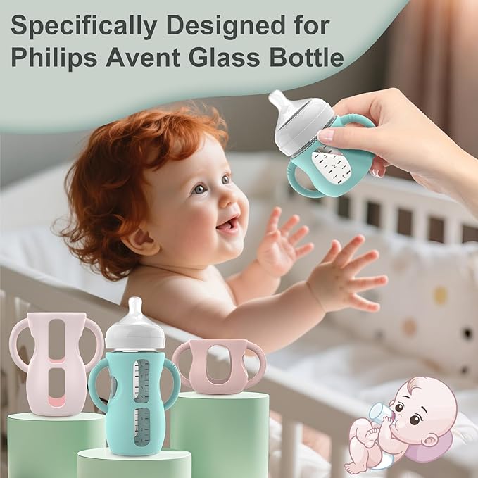 3PCS Philips Avent Glass Bottle Silicone Sleeves with Handles, Compatible with Philips Avent Glass Bottles 4 oz, Suitable for Avent Baby Bottles 4 oz, and Easy to Clean