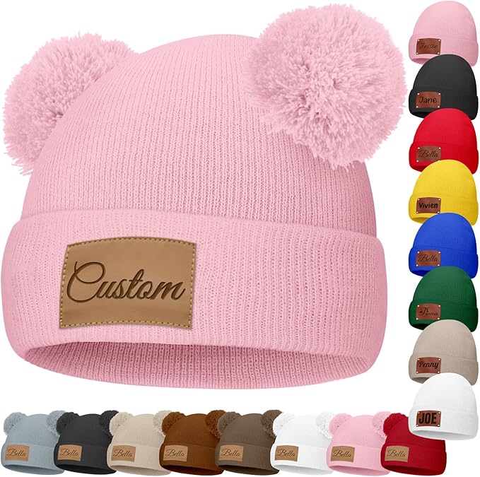 Custom Baby Beanies Personalized Toddler Winter Hats Name Leather Patch Kids Knit Warm Hat for Infant Boys Girls Adult
