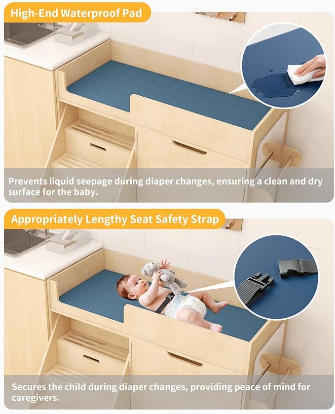 Wooden Baby Changing Table with Mirror, 100% Birch Plywood Toddler Diaper Changing Station with Stairs & Storage, Montessori Furniture for Daycare, Nursery, Home, School