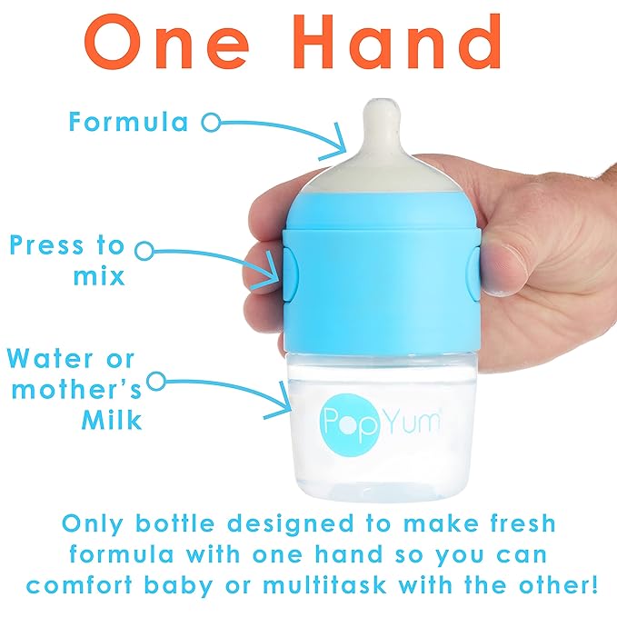 PopYum 5 oz Blue Anti-Colic Formula Making/Mixing/Dispenser Baby Bottles, 2-Pack with #1 Slow Flow Nipples, 150 ml, BPA-Free, Natural Latch