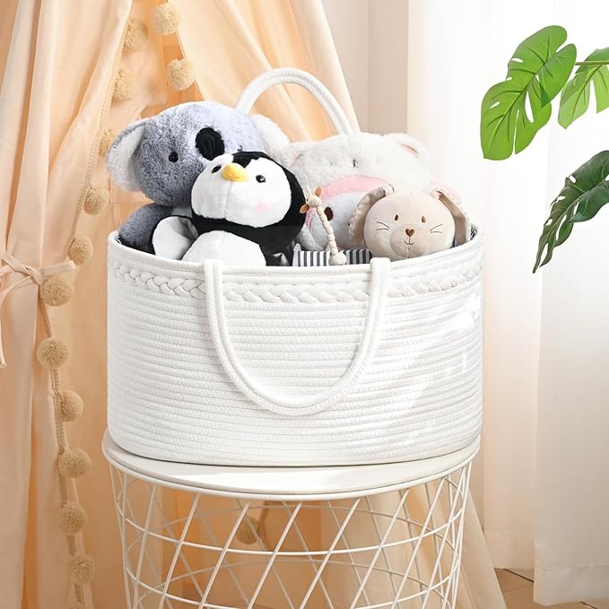 Baby Diaper Caddy Organizer, Cotton Rope Diaper Basket, Baby Basket for Changing Table, Nursery, Car, Changing Table Storage Bin With Removable Divider, Baby Shower Gifts for Newborn, Baby Essentials