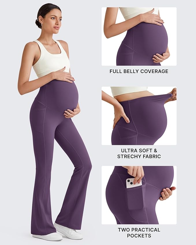 G4Free BareFeel Maternity Flare Leggings with Pockets Over The Belly Stretchy Casual Lounge Pregnancy Dress Pants for Work