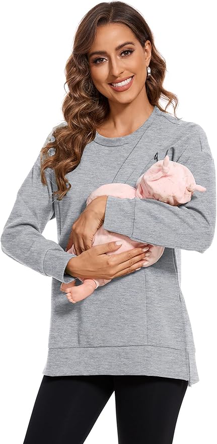 Smallshow Women's Nursing Tops Sweatshirt Long Sleeve Side Split Breastfeeding Shirt