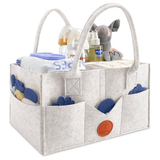 Maliton Baby Diaper Caddy, Nursery Storage Bin & Car Organizer with Handle, Large Felt Bag for Newborn essentials Boy or Girl, Changing Table Organizer for Baby Stuff, 15" x 9" x 7" Baby Shower Basket