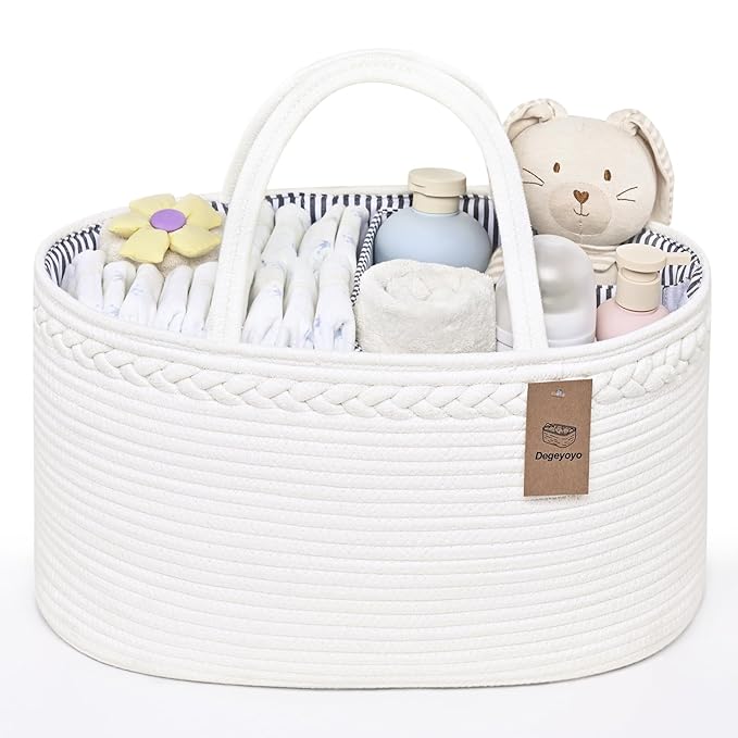 Baby Diaper Caddy Organizer, Cotton Rope Diaper Basket, Baby Basket for Changing Table, Nursery, Car, Changing Table Storage Bin With Removable Divider, Baby Shower Gifts for Newborn, Baby Essentials