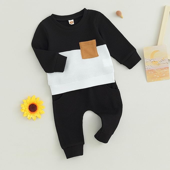 Toddler Baby Boy Fall Clothes Waffle Outfit Long Sleeve Color Blocking Sweatshirt Pullover Jogger Pant Set