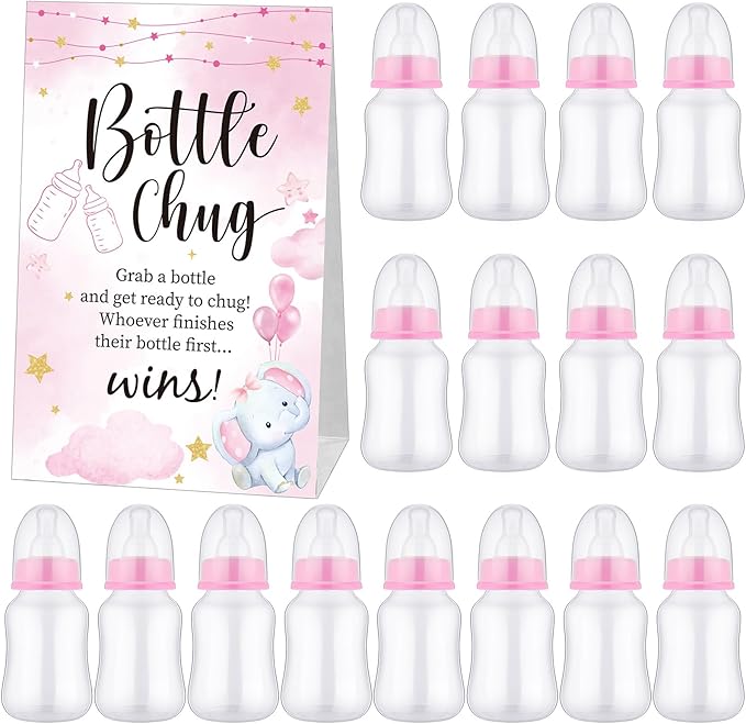 TrelaCo Bottle Chug Baby Shower Game 20 Pcs Baby Bottles Shower Favor with 1 Elephant Theme Sign for Gender Reveal Party Supplies Gifts(Pink)