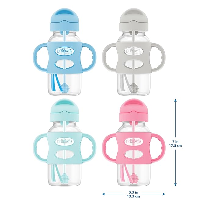 Dr. Brown's Milestones Wide-Neck Sippy Straw Bottle with 100% Silicone Handles and Weighted Straw, 9 oz/270 mL, Gray & Blue, 6m+ (Pack of 6)
