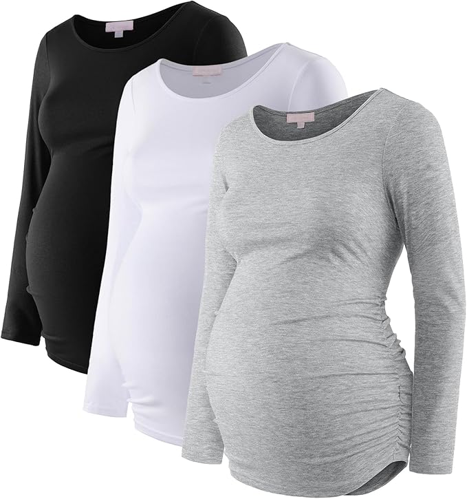 Bhome Women's Maternity Shirts 3 Packs Long Sleeve Pregnancy Tops Basic Side Ruched Tunic Blouse