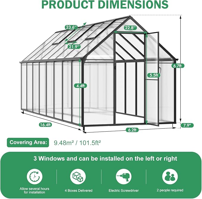CDCASA 10x16x10 FT Greenhouse for Outdoors, Large Thicker Aluminum Polycarbonate Greenhouses w/3 Vents Window, Swing Door & Quickly T Connector Walk-in Green House for Outside, Backyard, Garden
