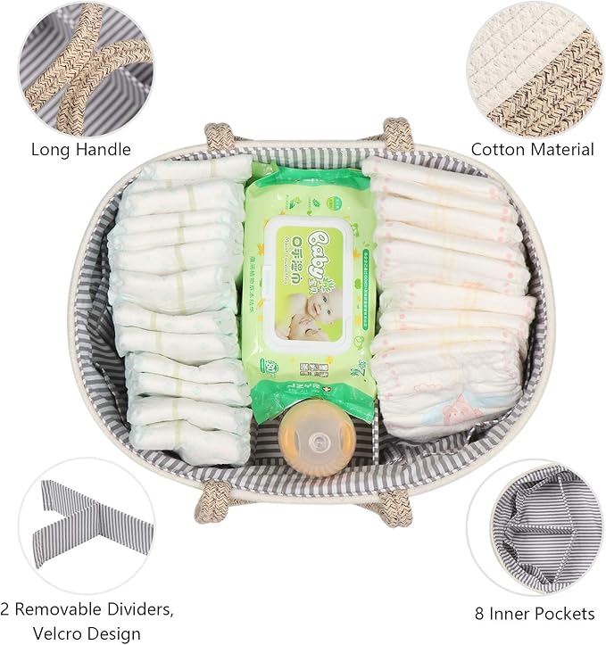 Baby Diaper Caddy Organizer -100% Cotton Baby Basket Bin with Removable Divider -Portable Tote Bag Storage Basket for Boy & Girl Nursery Organization (White & Yellow Variegated)
