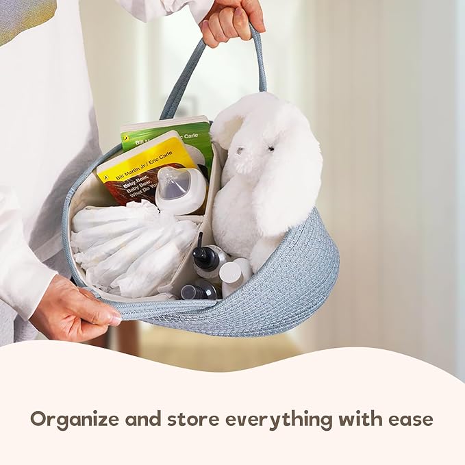 Baby Diaper Caddy Organizer, Large Cotton Rope Nursery Diaper Basket, Changing Table Organizer, Portable Tote Bag with Divider, Car Storage, Baby Shower Gifts for Newborn Girls - Lake Blue
