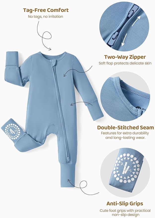 PATPAT Baby Footies Boys Girls - Bamboo Viscose - Zipper & Non-Slip Soles Romper Mitten - Footed & Footless Infant Clothes