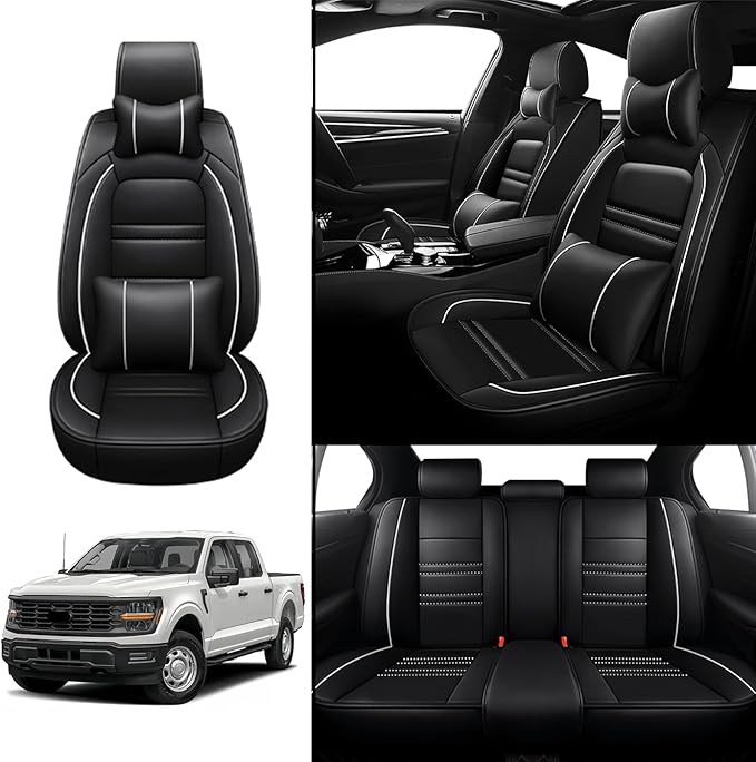 Car Seat Covers for Ford f150 2003-2025 | 5-Seats Seat Covers, Waterproof Seat Protectors, Automotive Seat Covers (Full Set with Pillow,Black&White Line)