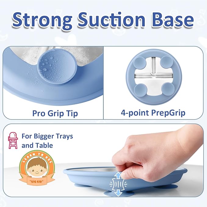 Stainless Steel Suction Plates for Toddlers, 9" Divided Kids Baby Plates with Removable Silicone Suction, Non Toxic Non Slip Portion Control Snack Dishes 3 Packs, Blue Gray Beige
