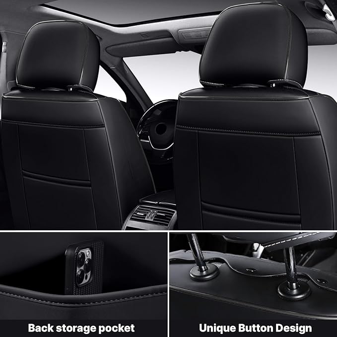 Car Seat Cover Full Set, Waterproof Leather Seat Cover,Front Auto Seat Cover, Breathable Car Seat Cushion, Full Coverage Car Seat Protector Universal Fit Most Cars (2 Seat,Black)