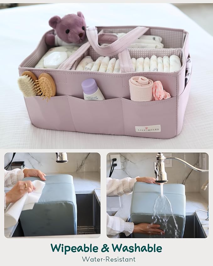Lily Miles Baby Diaper Caddy Organizer, Wipeable Diaper Organizer Basket with 8 Pockets for Newborn Essentials, Baby Shower Gifts, Nursery Tote Bag for Changing Table or Car (Rosy Lilac, Large)