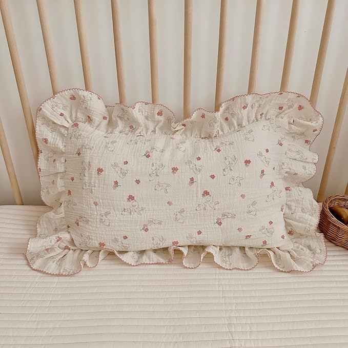 BuLuTu Rabbit Floral Toddler Pillowcase Muslin Cotton Kids Pillow Case Standard Size, 20"x26", Soft Breathable Children Bedding Pillow Cover for Girls Boys,1 Piece, Bunny Pattern