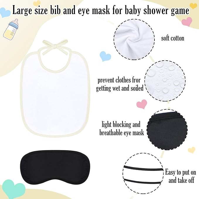Leinuosen 24 Pcs Baby Shower Blindfold Feeding Game Set Include 6 Plastic Chug Bottles 6 Bib and 12 Eye Mask Blindfold Baby Feeding Bottle Chug Game for Adult Gender Reveal Party Supplies(Milky White)