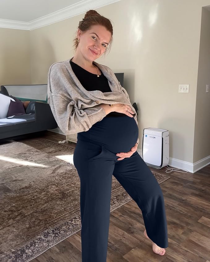 G4Free Maternity Pants Over The Belly Yoga Dress Work Pregnancy Pants Stretchy Lounge Wide Leg Trousers with Pockets