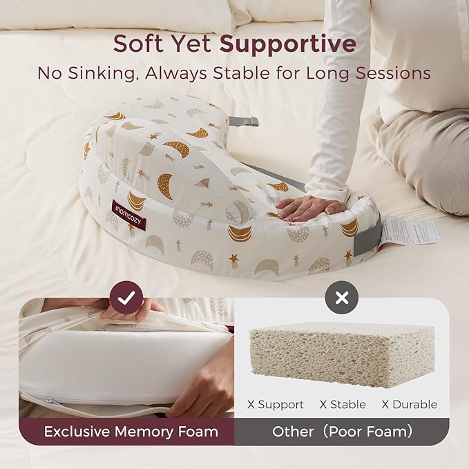 Momcozy Innovative Safety Fence Nursing Pillow - Firm & Springy Memory Foam - Stable, Ergonomic Support & Comfort - Wider Breastfeeding Cushion, Adjustable, Removable Cover, Baby Safety Certified