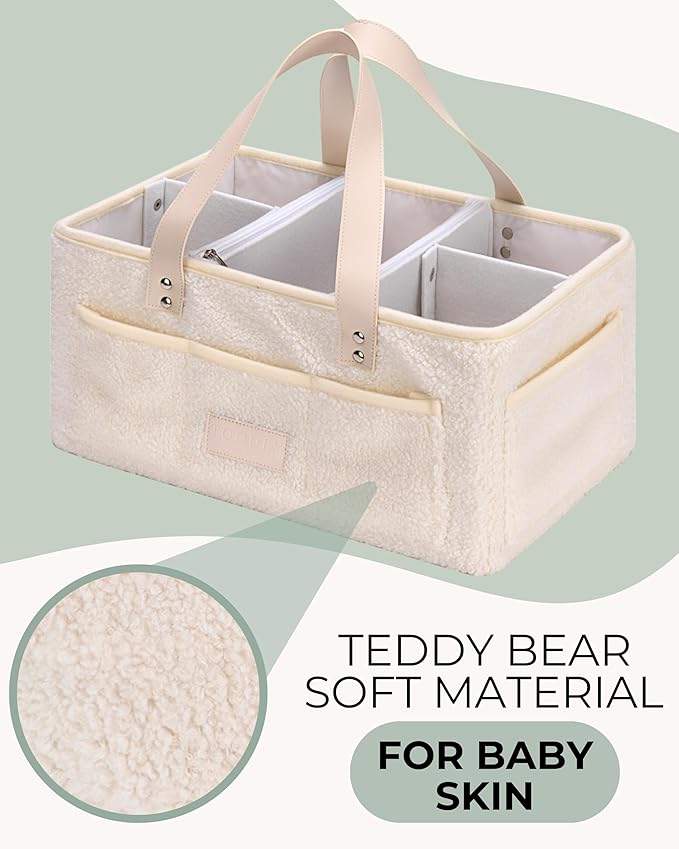 Baby Diaper Caddy Organizer with Portable Changing Mat - Teddy Fleece Diaper Organizer for Changing Table - Basket for Changing Essentials - Baby Essentials Organizer with Removable Dividers