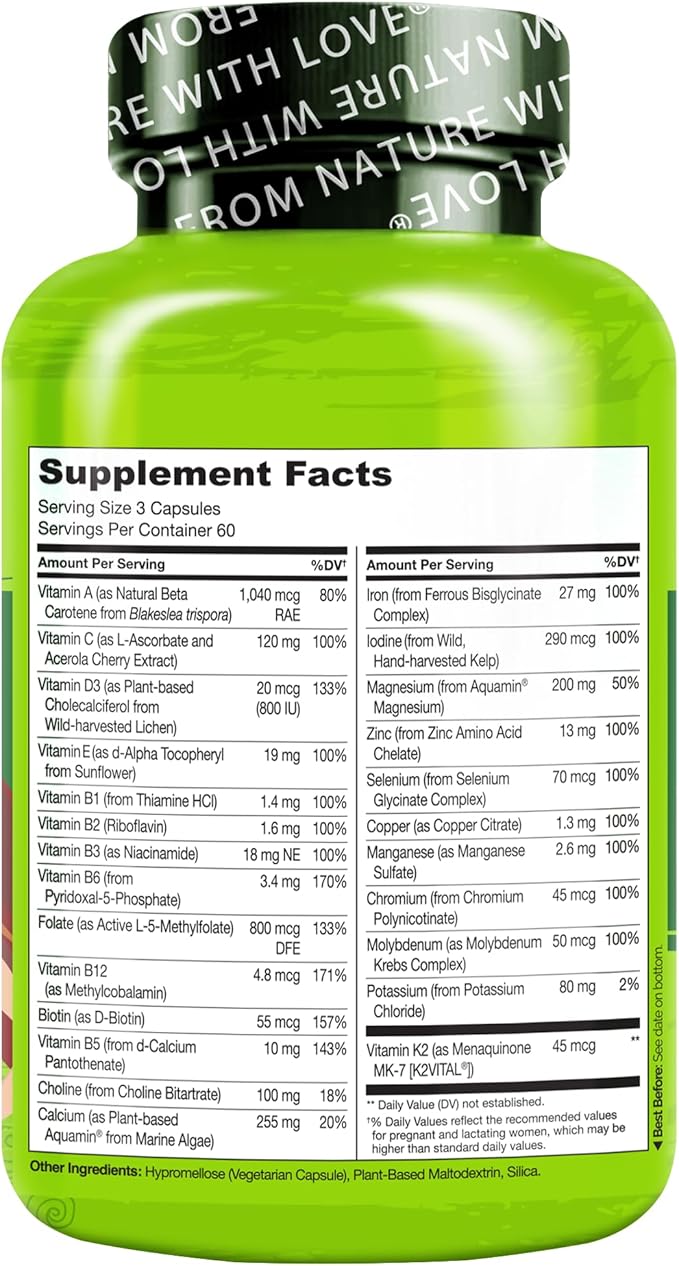 NATURELO Prenatal Multivitamin with Gentle Chelated Iron, Methyl Folate, Plant Calcium & Choline - Vegan, Vegetarian - Non-GMO - Gluten Free - 180 Capsules - 2 Month Supply