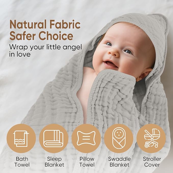 Muslin Hooded Baby Towels 100% Cotton ，Super Soft Muslin Baby Bath Towel - 32 x 32 Inches, Suitable for Newborn and Young Children up to 3 Years Old. (Beige & Green)