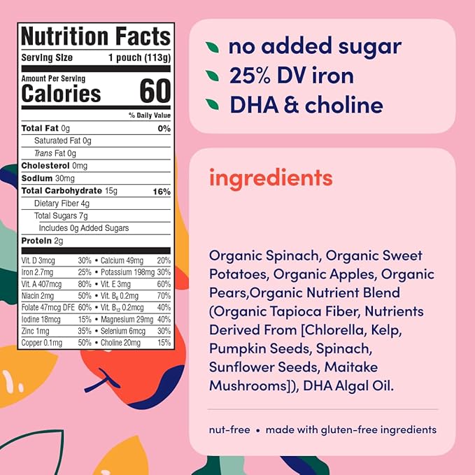 Cerebelly Organic Baby Food Pouches, Spinach Apple Sweet Potato Purees, 16 Nutrients, No Added Sugar, Fiber & Non-GMO, 4oz, 6 Pack