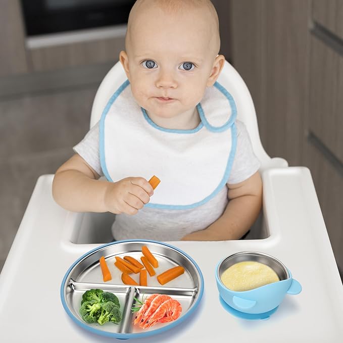 Stainless Steel Baby Plate and Bowls with Suction, Divided Kids Baby Plate and Toddler Bowl with Removable Silicone Suction, Non-Slip Baby Feeding Set Dishwasher Safe，4 Packs