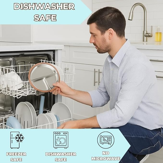 Stainless Steel Toddler Plate with Suction Set of 2, 8” Divided Plates with Removable Silicone Sleeves for Kids, Non Toxic & BPA Free | Non Slip | Unbreakable Baby Dishes, (Mocha Mousse & Sage Green)