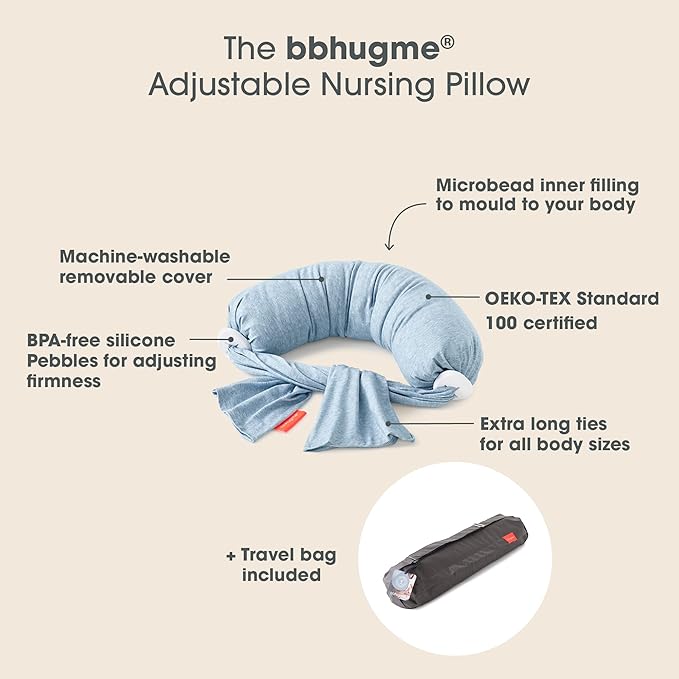 bbhugme Adjustable Nursing Pillow - Breastfeeding, Bottle Feeding, Baby Support - Adjustable Firmness and Fit - Washable Pillow Cover - Blue Melange…