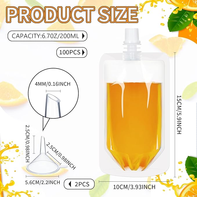 Meanplan 100 Pcs Plastic Pouches Bulk Reusable Squeeze Pouches Clear Plastic Juice Leak Proof Bags with Funnel for Party Favors Supplies(6.7 oz,Straight Mouth)