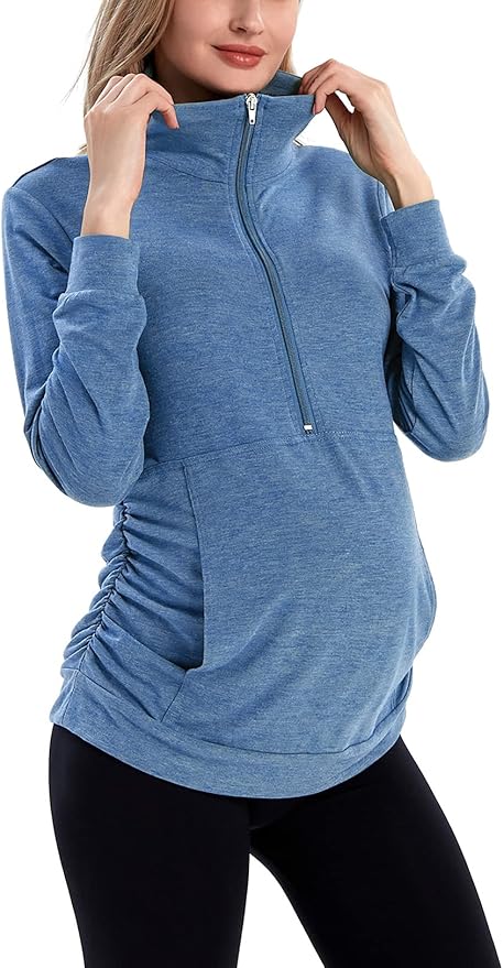 GINKANA Maternity Women's Long Sleeve Shirt Half Zipper Lapel Lightweight Casual Maternity Pullover with Pockets