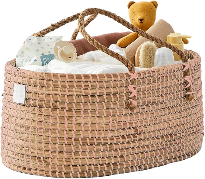 BEBE BASK Premium Pink Baby Diaper Caddy Organizer -Handmade - Seagrass Basket With Cotton Divider - Award-Winning & Luxury Pink Diaper Caddy Basket - (Blush)