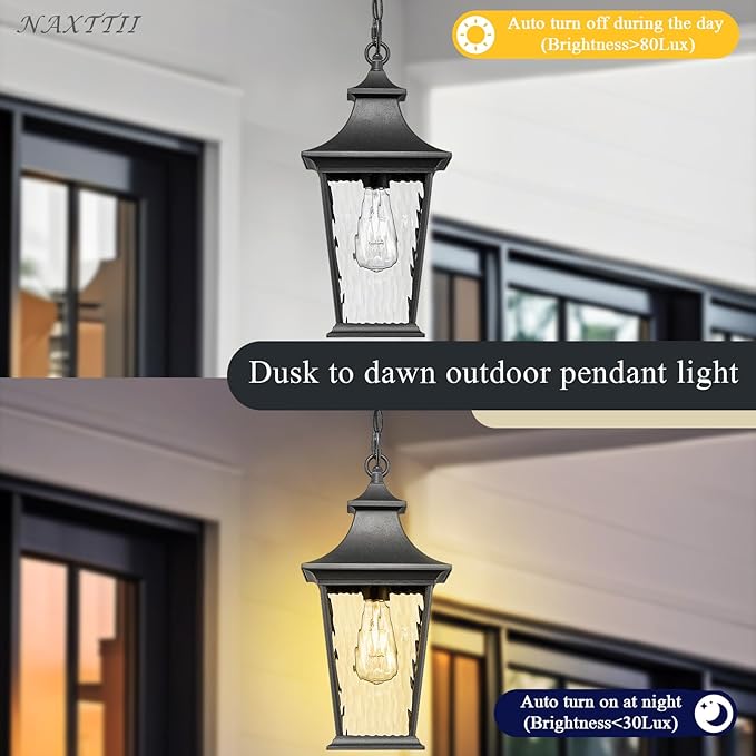 16.4 Inch Black Hanging Porch Lights Outdoor Waterproof Aluminum Outdoor Pendant Light Dusk to Dawn Exterior Hanging Light Fixture for Gazebo E26 Socket