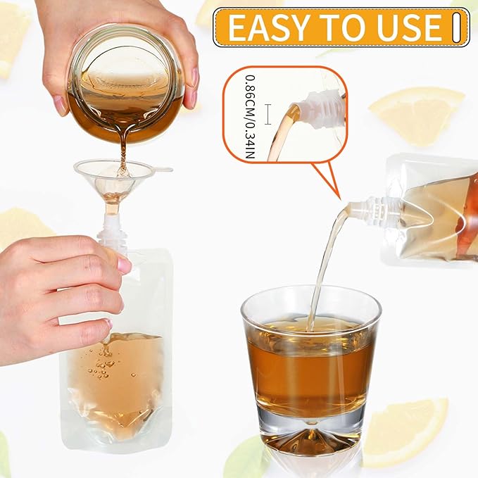 Meanplan 100 Pcs Plastic Pouches Bulk Reusable Squeeze Pouches Clear Plastic Juice Leak Proof Bags with Funnel for Party Favors Supplies(6.7 oz,Straight Mouth)