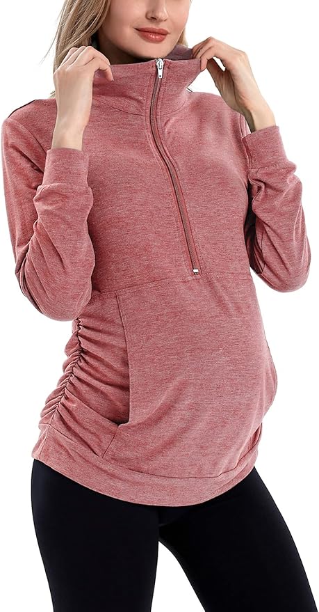 GINKANA Maternity Women's Long Sleeve Shirt Half Zipper Lapel Lightweight Casual Maternity Pullover with Pockets