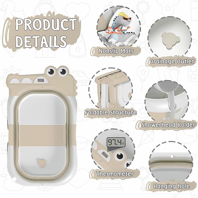 TPN Collapsible Baby Bathtub, Baby Bath Tub with Soft Cushion & Real-Time Thermometer, Baby Bathtub Infant to Toddler Tub (0-36 Months), Portable Travel Baby Tubs for Newborns (Beige)