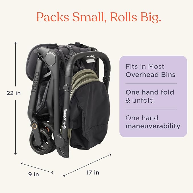 Ergobaby Metro 3 All in One Compact Baby Stroller - Lightweight Travel Stroller - Easy One-Hand Fold for Overhead Airplane Storage (Carries up to 50 lbs) - Car Seat Compatible - Graphite Grey