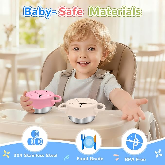 2 Pack Toddler Snack Containers –13.5oz Food Grade Stainless Steel Snack Cups for Toddlers Spill Proof with Snowflake Silicone Lids & Handles, Baby Snack Containers, Dishwasher Safe Toddler Snack Cups