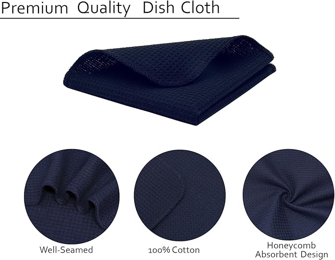 PurpleEssences Dish Cloths and Dish Rags - 6 Pack Waffle Weave Solid Kitchen Dish Wash Cloths, 100% Cotton, 12 x 12 Inches, Ultra Soft Absorbent Quick Drying Fall Thanksgiving - Navy Blue