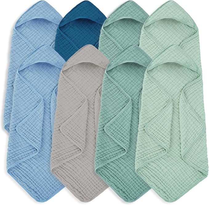 Muslin Baby Towels 100% Cotton ，Super Soft Muslin Baby Bath Towel - 32 x 32 Inches, Suitable for Newborn and Young Children up to 3 Years Old. (Light Blue & Dark Blue)